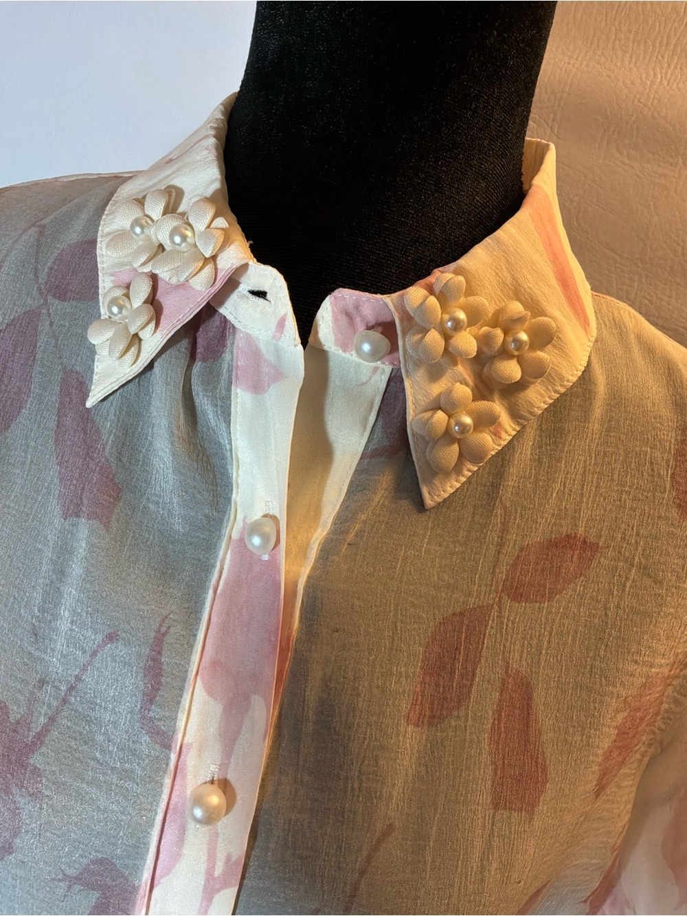 🌙✨ Alice Blue Romantic Sheer Floral Pearl-Button Blouse - Picture 5 of 7